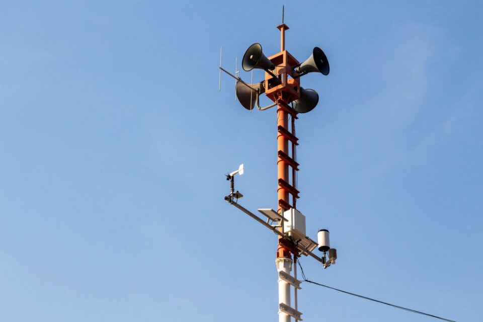 Alert tower with loudspeakers and sensors installed by Boston Lightning Rod Co. Inc.
